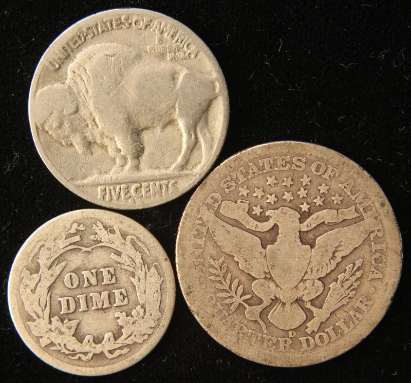GROUP OF 3 COINS BARBER 25C, 10C & BUFFALO 5C WITH LAMINATION ERROR