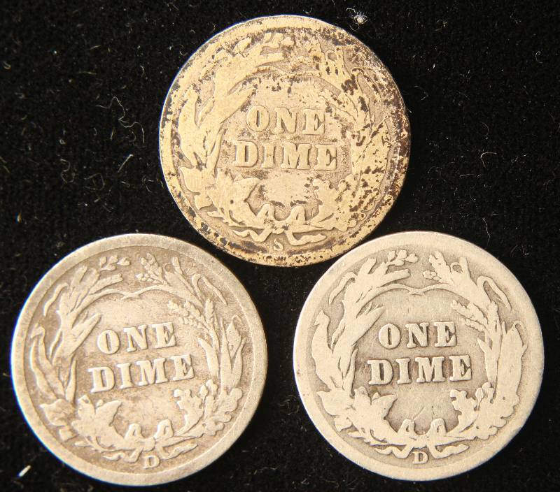 3 SILVER BARBER DIMES 1907-S, 1908-D, 1910-D