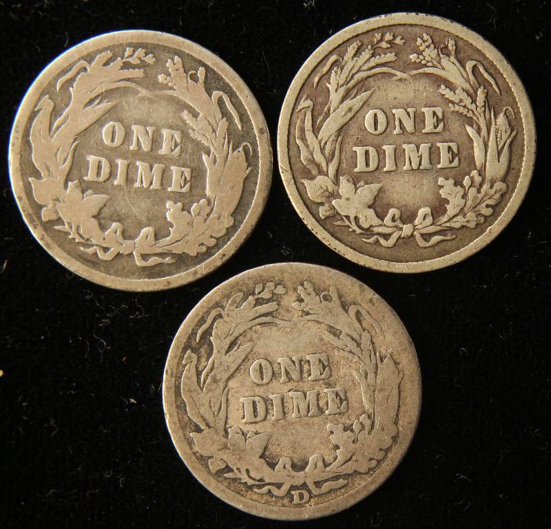 3 SILVER BARBER DIMES 1893, 1896, 1906-D