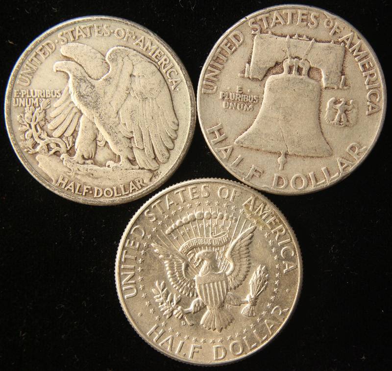 3 SILVER HALF DOLLARS 1945, 1952, 1964-D