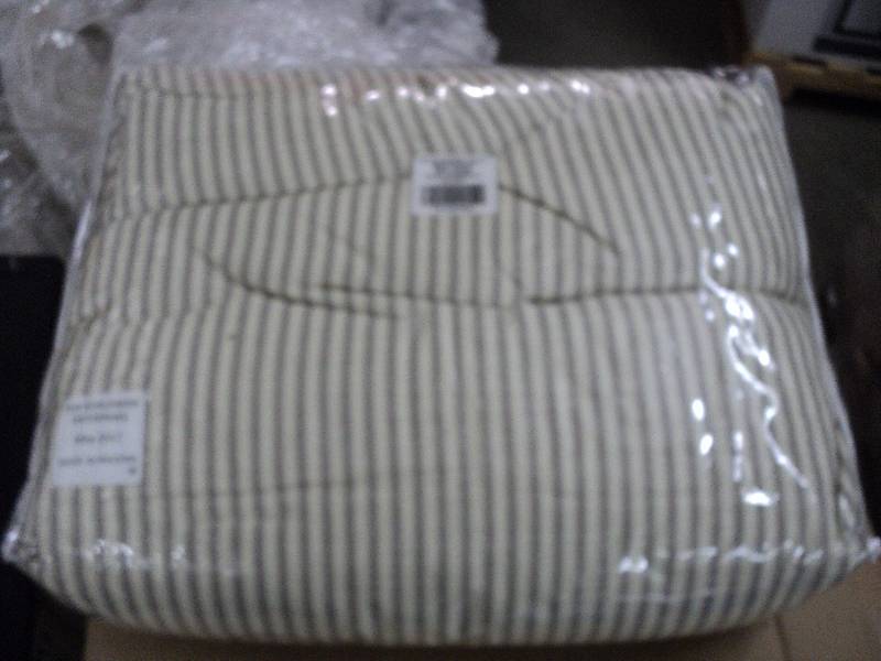 lot 179 image: Toile striped taupe queen size beds...