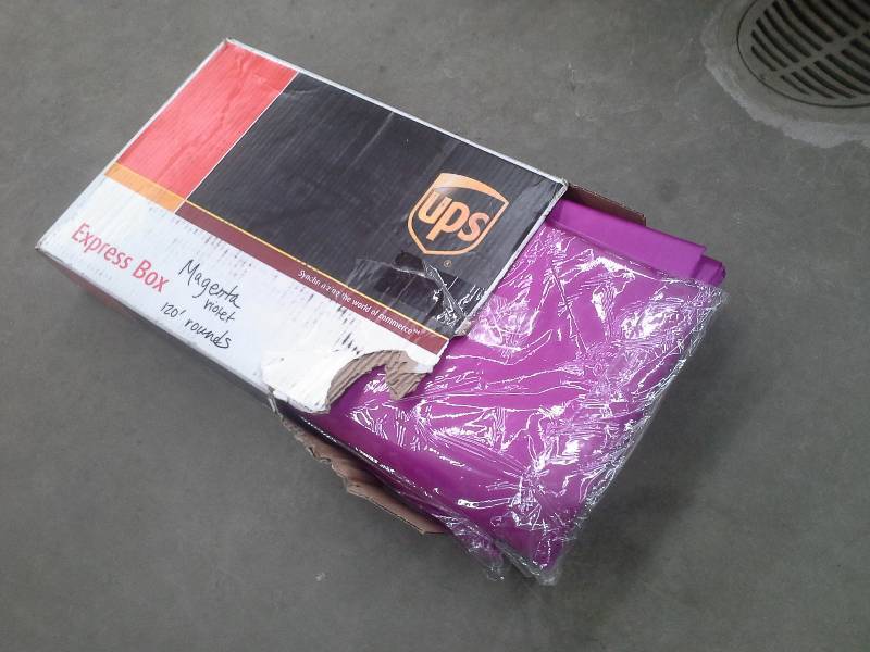 lot 72 image: 5 - 120 Round Magenta Satin Table linens new in package