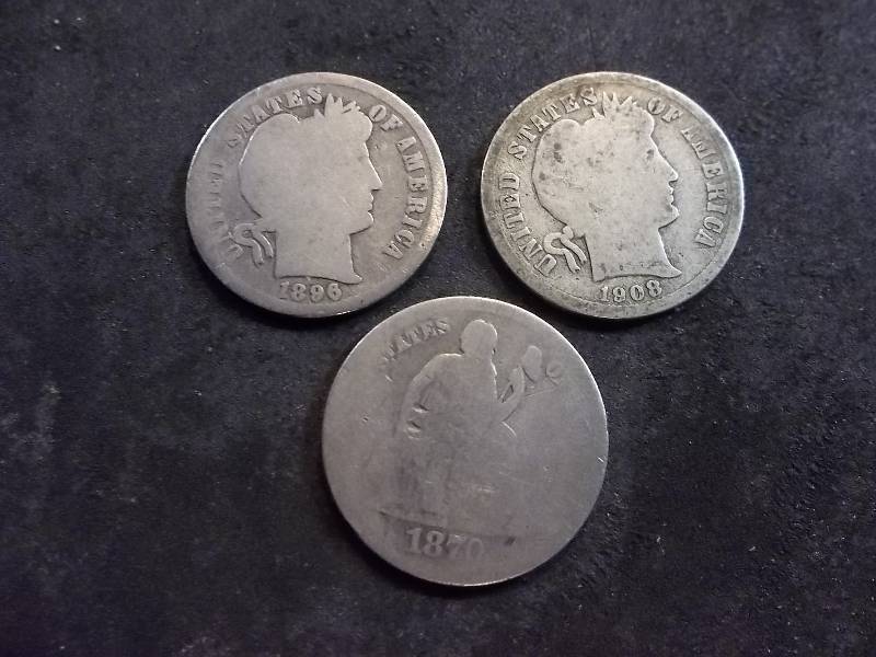 1870 Seated Liberty Dime, 1896 Barber, 1908 D Barber Dimes