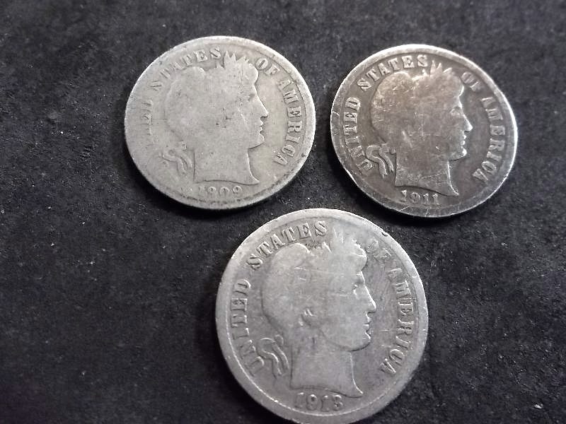 1909, 1911 D, 1913 Barber Dimes