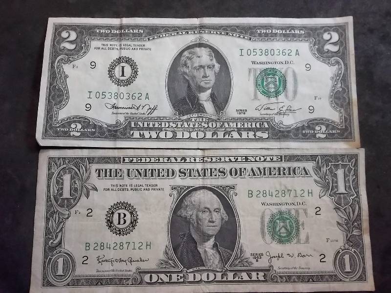 2 Dollar US Note Green Seal Series 1976 & 1 Bar Note 1963 B