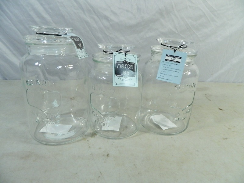 3 New Mason Jar Glass Canisters with Lids