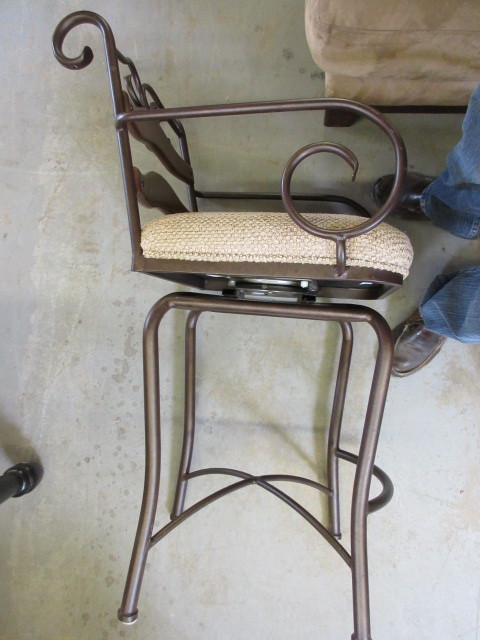 WROUGHT IRON, WOOD AND UPHOLSTERED BAR STOOLS