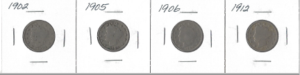 Four Liberty Head Nickels - 1902, 1905, 1906, & 1912