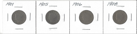 Four Liberty Head Nickels - 1901, 1905, 1906, & 1908