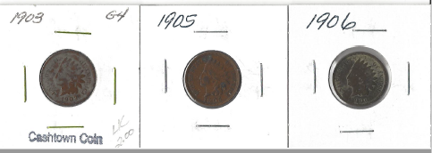 Three Different Indian Pennies - 1903, 1905, & 1906