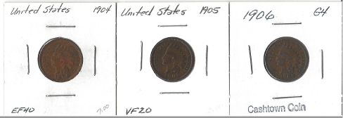Three Different Indian Pennies - 1904, 1905, & 1906