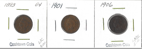 Three Different Indian Pennies - 1893, 1901, & 1906