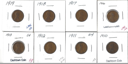 8 Different Lincoln Wheat Cents - 1910, 1911, 1912, 1913, 1916, 1917, 1918, & 1919