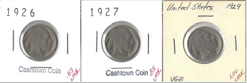 Three Different Buffalo Nickels - 1926, 1927, & 1929