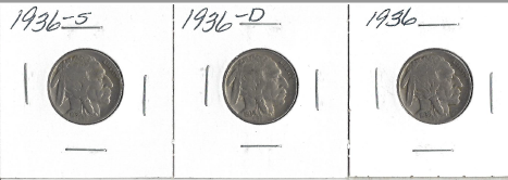 Three Different Buffalo Nickels - 1936, 1936-D, & 1936-S
