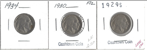 Three Different Buffalo Nickels - 1929-S, 1930, & 1934