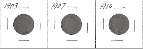 Three Different Liberty Head Nickels - 1903, 1907, & 1910