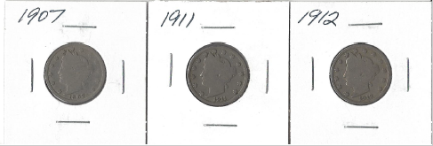 Three Different Liberty Head Nickels - 1907, 1911, & 1912