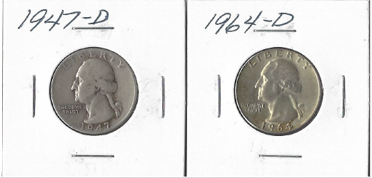 Two Washington Quarters - 1947-D & 1964-D