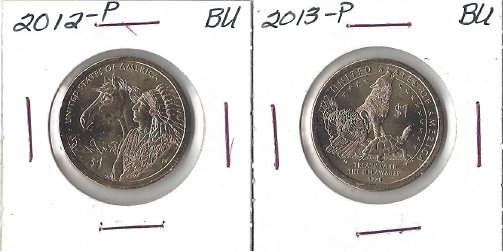 Two Native American Dollars - 2012-P & 2013-P BU