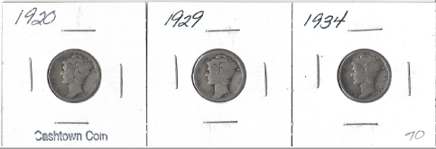 Three Different Mercury Dimes - 1920, 1929, & 1934