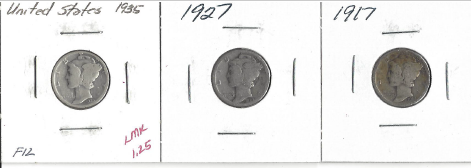 Three Different Mercury Dimes - 1917, 1927, & 1935