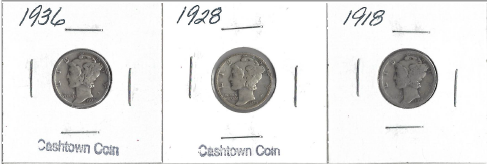 Three Different Mercury Dimes - 1918, 1928, & 1936