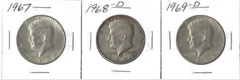 Three Different Kennedy Half Dollars - 1967, 1968-D, & 1969-D