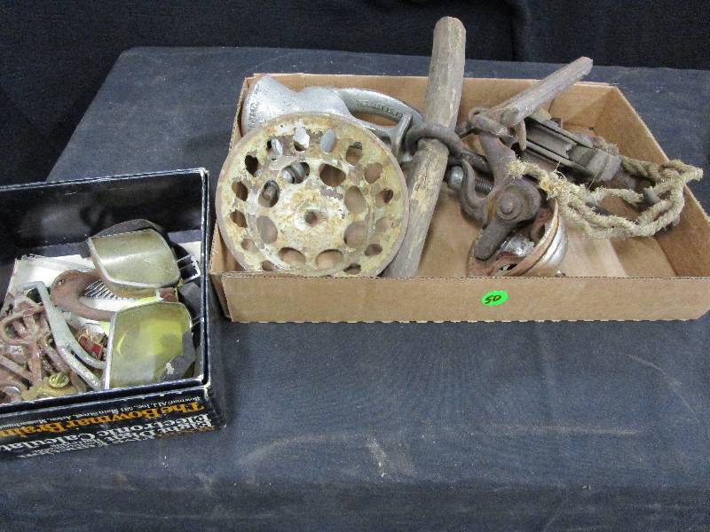 Goggles, HAMMS Beer opener, Old Lamp Piece, Grinder, Hook, Fence Stretcher Hardware, Bale Hook