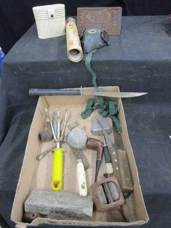 Knives, Bacon Press, Pipes, Gas Mask, Vintage Items