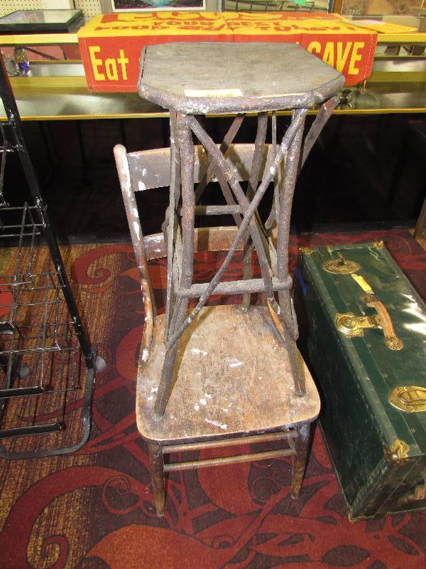 lot 362 image: VINTAGE CHAIR AND HAND MADE SIDE TABLE, MADE WITH STICKS