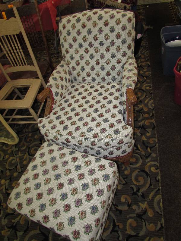 lot 389 image: ARM CHAIR AND FOOT STOOL