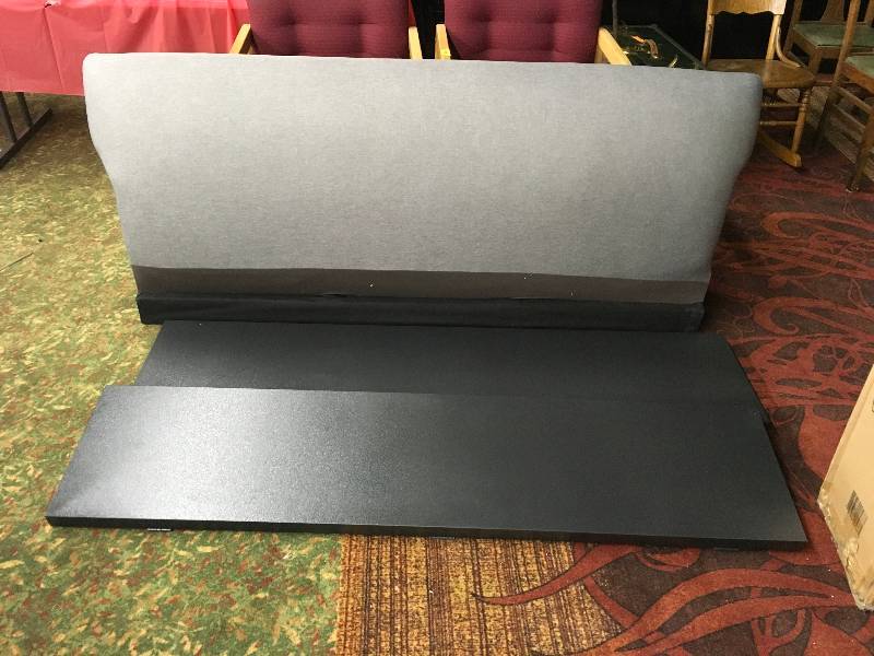 lot 419 image: ESPRESSO FINISH GREY LINEN SOFA BACK CUSHION & LEGS, TWO SHELVES