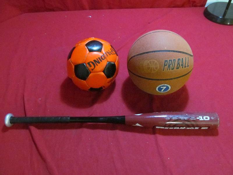 lot 16 image: Spalding soccer ball, Demarini bat, Basketball