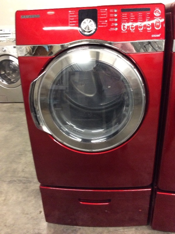 lot 38 image: Samsung Red Front Load Electric Dryer On Pedestal