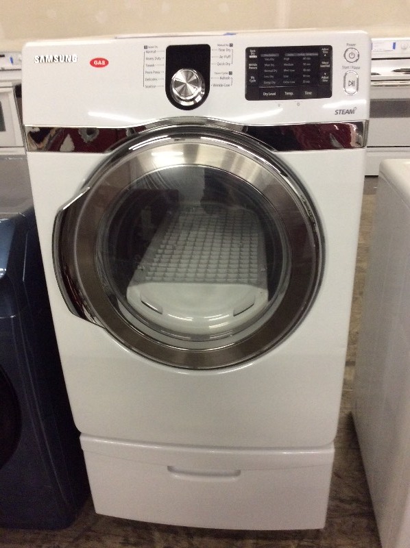 lot 12 image: Samsung White Front Load Gas Dryer On Pedestal