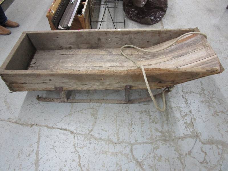 lot 71 image: Wooden Sled with Metal Bottom 59.5 L, 16 H & 20.5 W