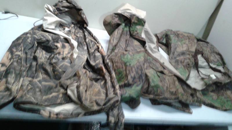 Two Camouflage Rain Jackets And Overalls, Good Condition