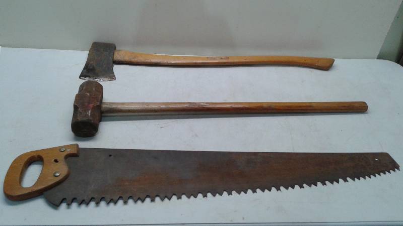 Wood Handled Ax, Saw, Sledge Hammer, Hammer Has Cracked Handle