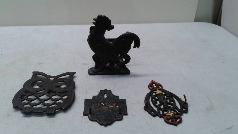 Lot Of Cast Iron Kitchen Items, Chicken Napkin Holder, Trivet, Utensil Holder�