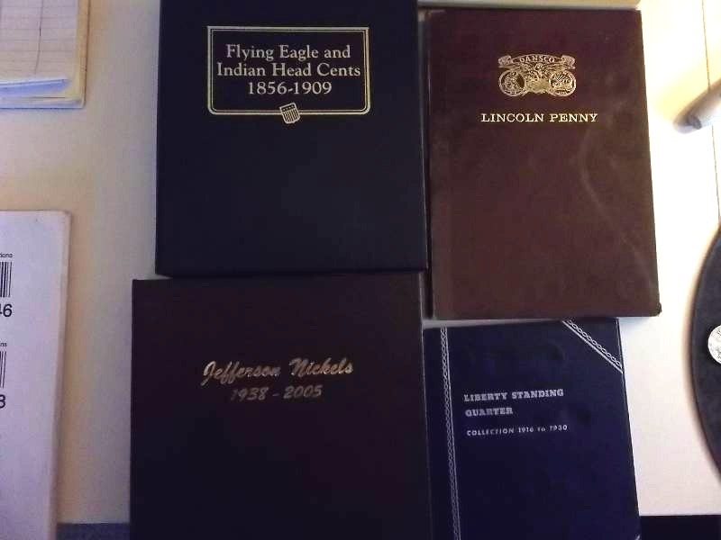 4 Coin Albums  Flying Eagle - Indian Head Cents 1856-1909, Lincoln Cents 1909-1975, Jefferson Nickels 1938-2005, Liberty Standing Quarters 1916-1930