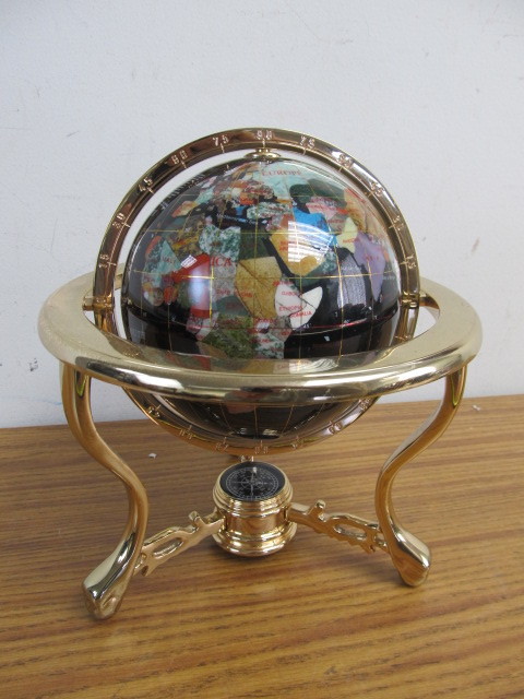 lot 47 image: Inlaid Stone Glass Desk Globe wBrass Stand