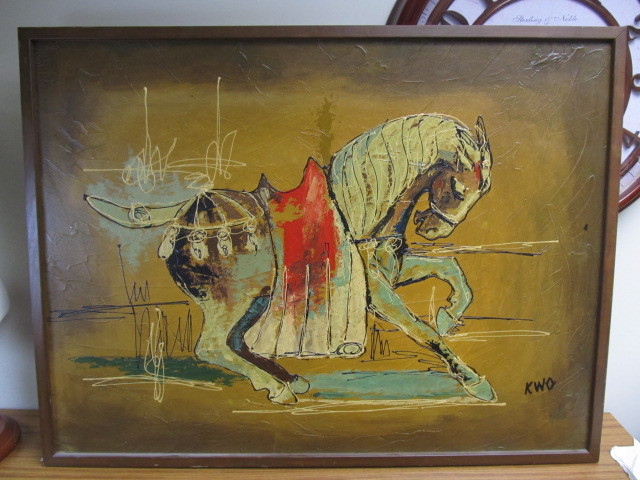 lot 101 image: LARGE Vintage Mid Century MING HORSE AcrylicOil Painting