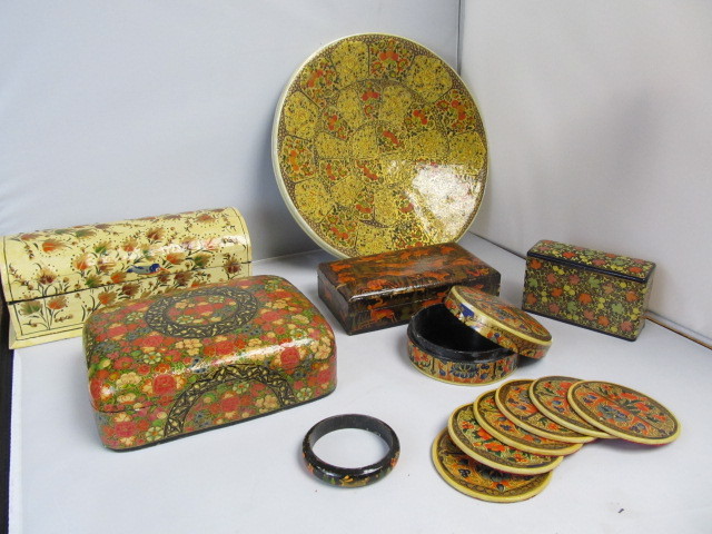 lot 113 image: Lot of Vintage Painted Lacquer Wooden Trinket Boxes Coasters Bracelet etc 
