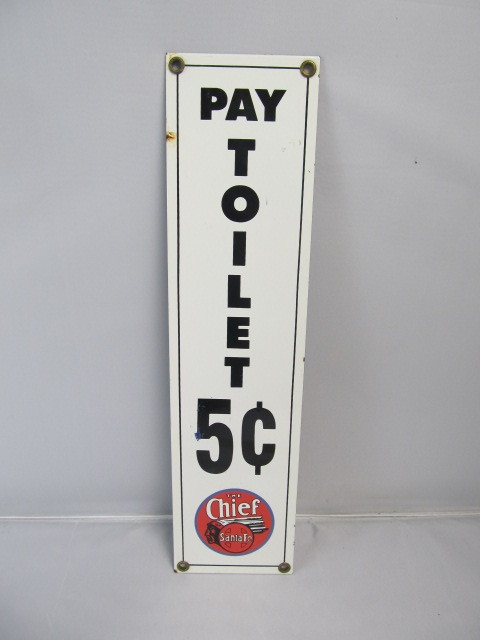lot 115 image: Vintage Style Porcelain Santa Fe Chief Railroad Pay Toilet Sign