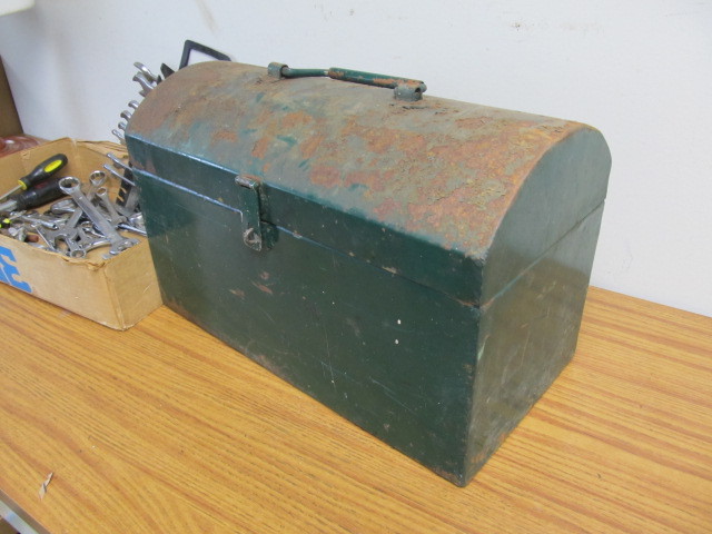 lot 127 image: Vintage Dome Top Metal Tool Boxes wAssorted Wrenches & Tools