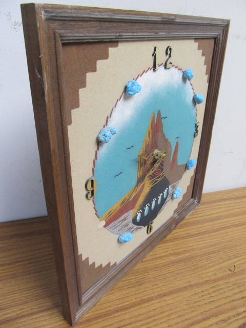 lot 114 image: Folk Art Southwestern Wall Clock wTurquoise 