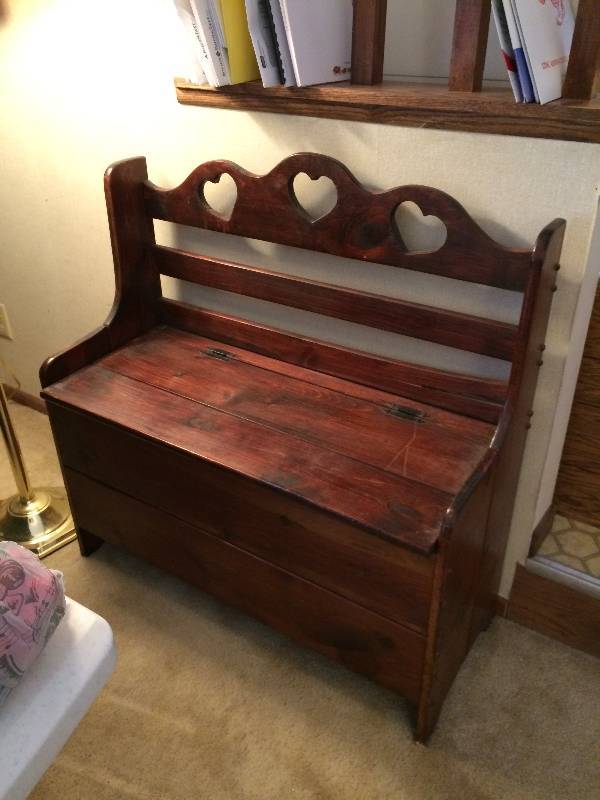 VINTAGE LOVELY SOLID CHERRY WOOD CARVED STORAGE BENCH - GREAT CONDITION THOUGH ONE BOARD TO THE BACK HAS THE BEGINNING OF A CRACK - SEE PICS