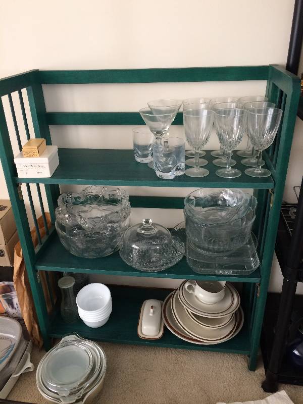 GREEN WOOD SHELVING - EXCELLENT CONDITION - CONTENTS NOT INCLUDED