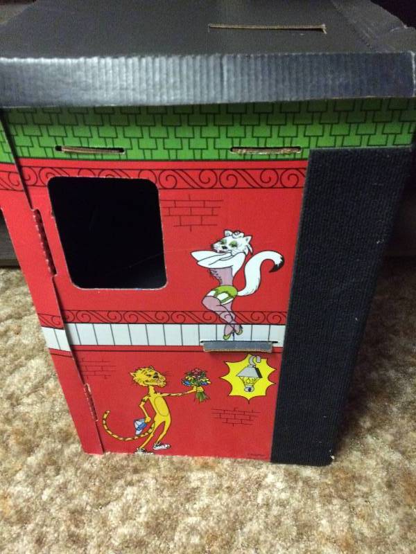 VERY RARE&nbsp VINTAGE CARTOON CAT BOX HOUSE - EVEN HAS&nbspA CAT SCRATCH POST - DOES NOT APPEAR TO EVER BEEN USED BUT IT IS VERY OLD - NICE CONDITION